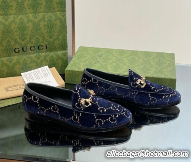 Lower Price Gucci Jordaan GG Velvet Loafers with Crystals Navy Blue 012059