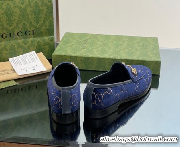 Lower Price Gucci Jordaan GG Velvet Loafers with Crystals Navy Blue 012059