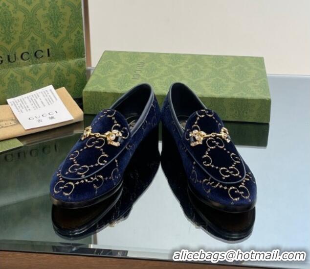 Lower Price Gucci Jordaan GG Velvet Loafers with Crystals Navy Blue 012059