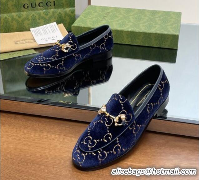 Lower Price Gucci Jordaan GG Velvet Loafers with Crystals Navy Blue 012059