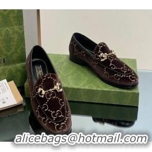 Charming Gucci Jordaan GG Velvet Loafers with Crystals Brown 012060