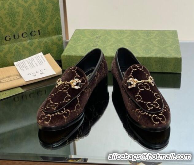 Charming Gucci Jordaan GG Velvet Loafers with Crystals Brown 012060