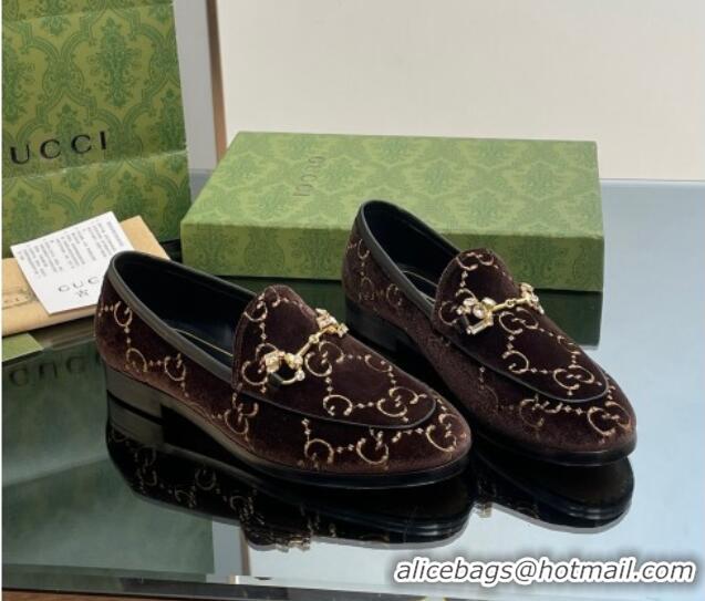 Charming Gucci Jordaan GG Velvet Loafers with Crystals Brown 012060