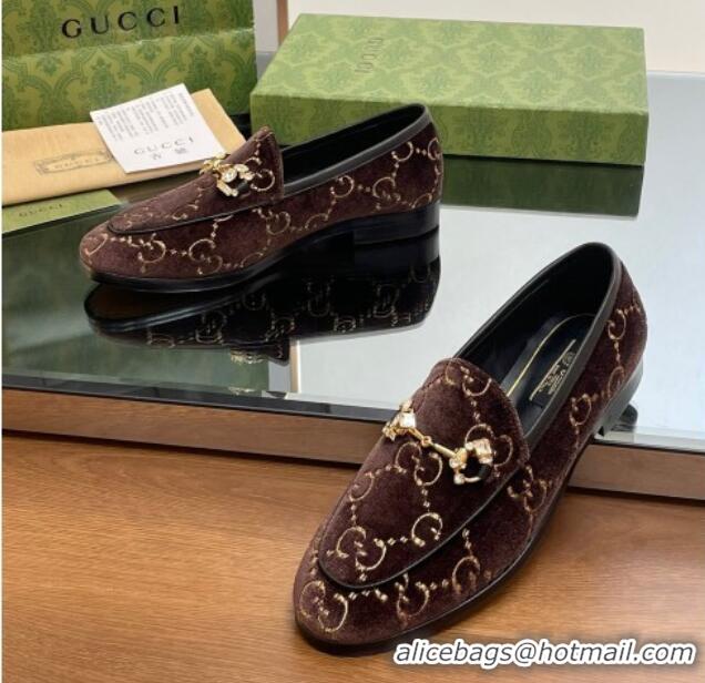 Charming Gucci Jordaan GG Velvet Loafers with Crystals Brown 012060