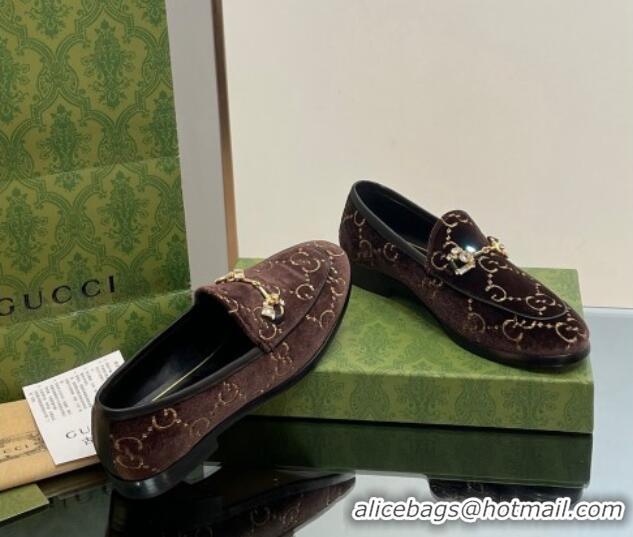 Charming Gucci Jordaan GG Velvet Loafers with Crystals Brown 012060