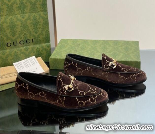 Charming Gucci Jordaan GG Velvet Loafers with Crystals Brown 012060