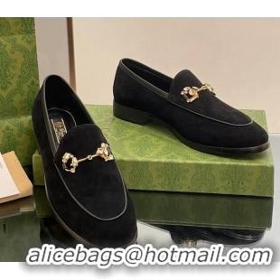 Charming Gucci Jordaan Suede Loafers with Crystals Black 012063