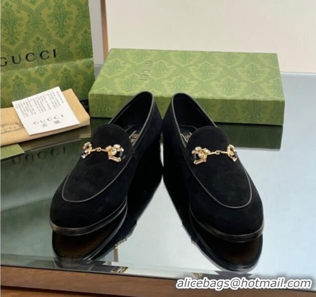 Charming Gucci Jordaan Suede Loafers with Crystals Black 012063