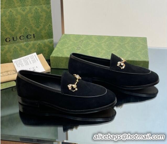 Charming Gucci Jordaan Suede Loafers with Crystals Black 012063