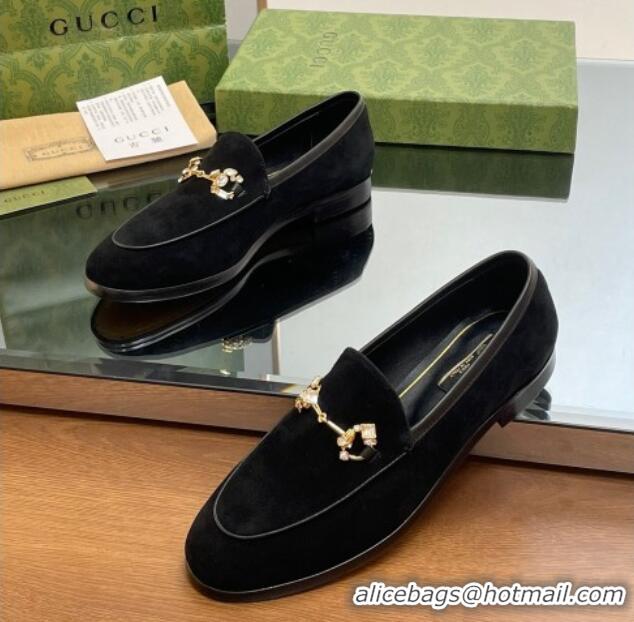 Charming Gucci Jordaan Suede Loafers with Crystals Black 012063