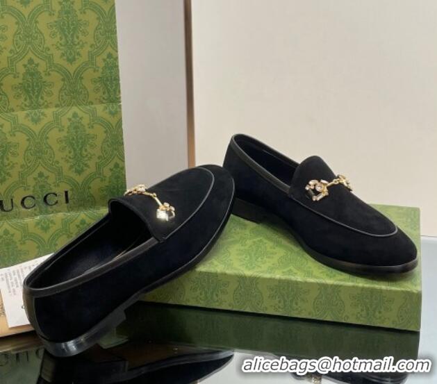 Charming Gucci Jordaan Suede Loafers with Crystals Black 012063