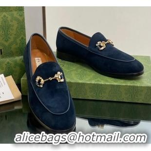 Grade Quality Gucci Jordaan Suede Loafers with Crystals Dark Blue 012064