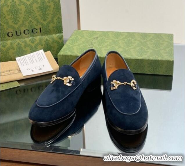 Grade Quality Gucci Jordaan Suede Loafers with Crystals Dark Blue 012064