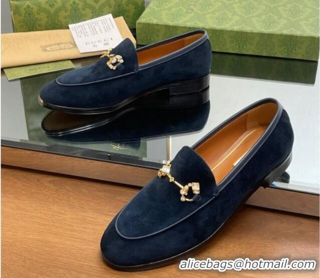 Grade Quality Gucci Jordaan Suede Loafers with Crystals Dark Blue 012064