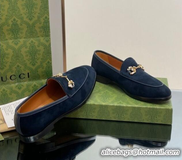 Grade Quality Gucci Jordaan Suede Loafers with Crystals Dark Blue 012064