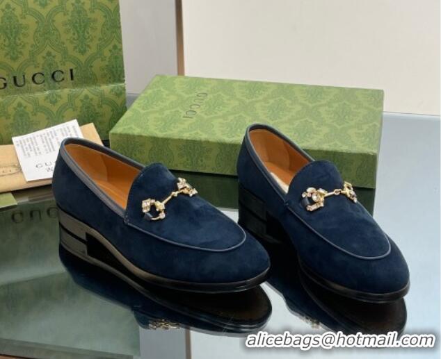 Grade Quality Gucci Jordaan Suede Loafers with Crystals Dark Blue 012064