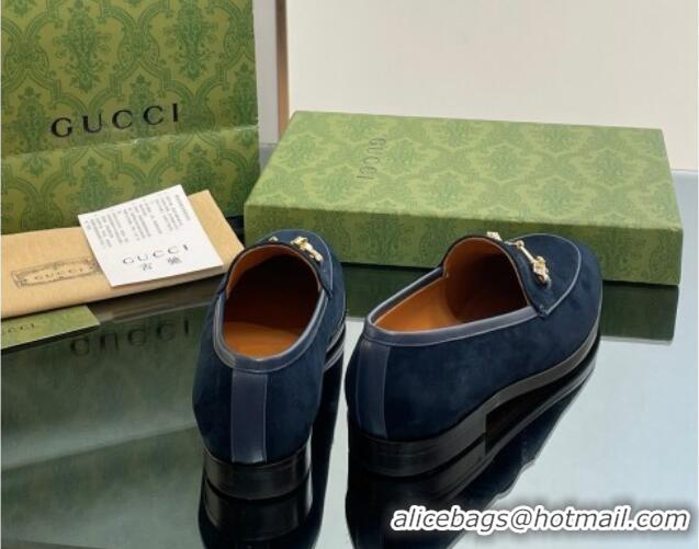 Grade Quality Gucci Jordaan Suede Loafers with Crystals Dark Blue 012064