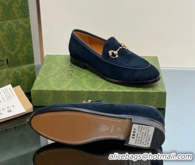 Grade Quality Gucci Jordaan Suede Loafers with Crystals Dark Blue 012064