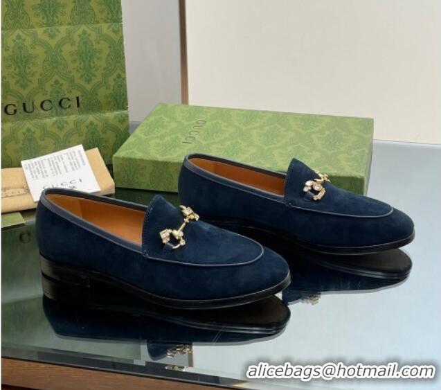 Grade Quality Gucci Jordaan Suede Loafers with Crystals Dark Blue 012064