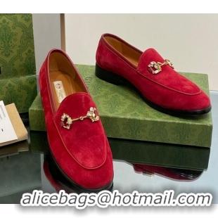 Best Price Gucci Jordaan Suede Loafers with Crystals Red 012065