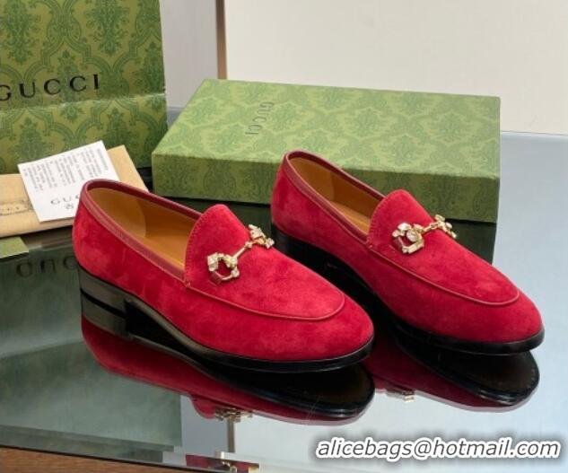 Best Price Gucci Jordaan Suede Loafers with Crystals Red 012065