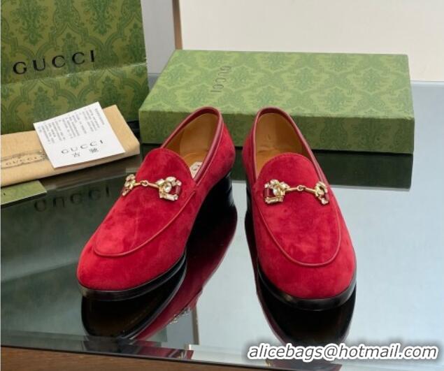 Best Price Gucci Jordaan Suede Loafers with Crystals Red 012065