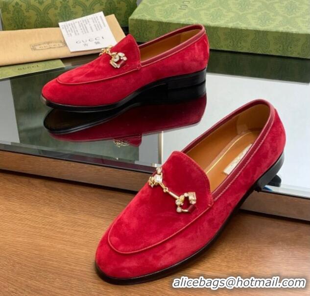 Best Price Gucci Jordaan Suede Loafers with Crystals Red 012065