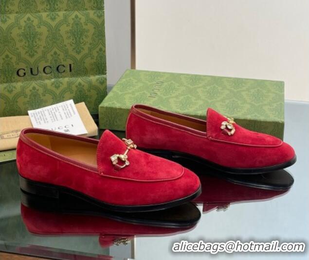 Best Price Gucci Jordaan Suede Loafers with Crystals Red 012065