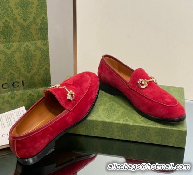 Best Price Gucci Jordaan Suede Loafers with Crystals Red 012065