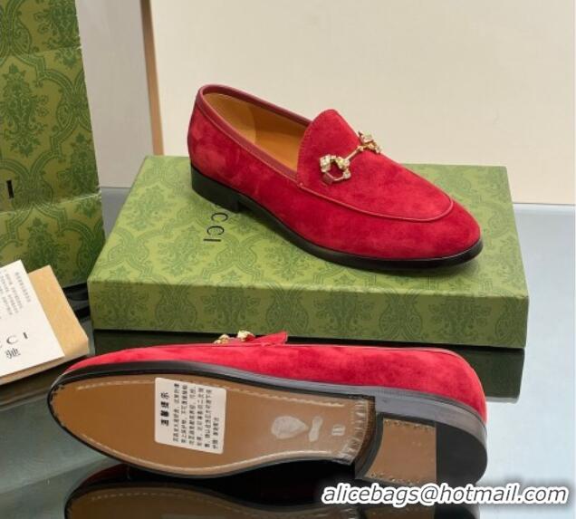 Best Price Gucci Jordaan Suede Loafers with Crystals Red 012065