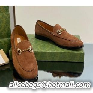 Good Quality Gucci Jordaan Suede Loafers with Crystals Dark Brown 012067