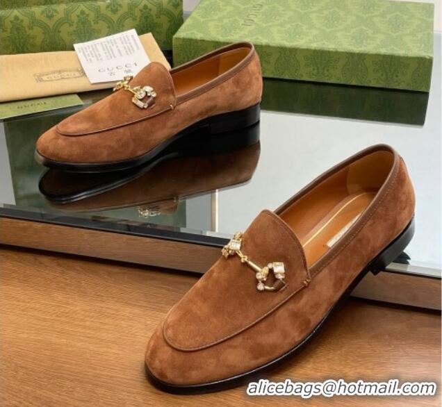 Good Quality Gucci Jordaan Suede Loafers with Crystals Dark Brown 012067