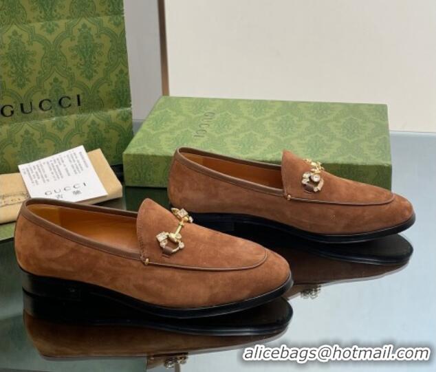 Good Quality Gucci Jordaan Suede Loafers with Crystals Dark Brown 012067