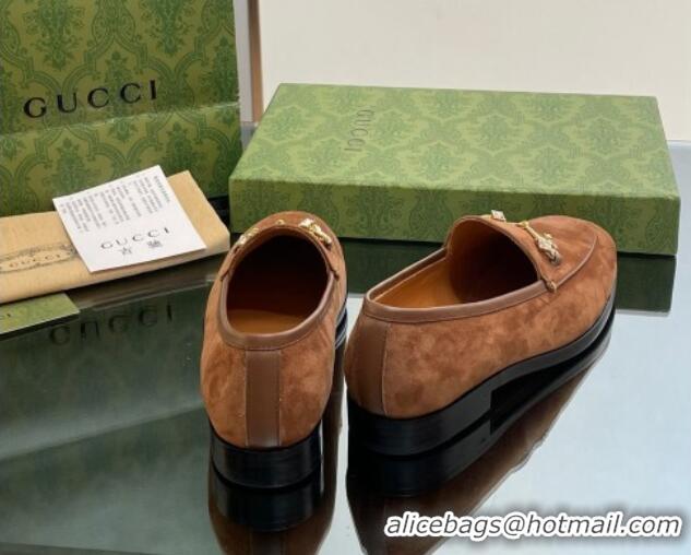 Good Quality Gucci Jordaan Suede Loafers with Crystals Dark Brown 012067