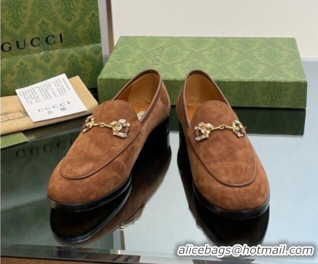 Good Quality Gucci Jordaan Suede Loafers with Crystals Dark Brown 012067