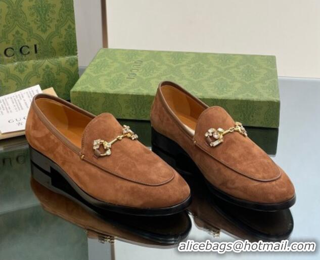 Good Quality Gucci Jordaan Suede Loafers with Crystals Dark Brown 012067