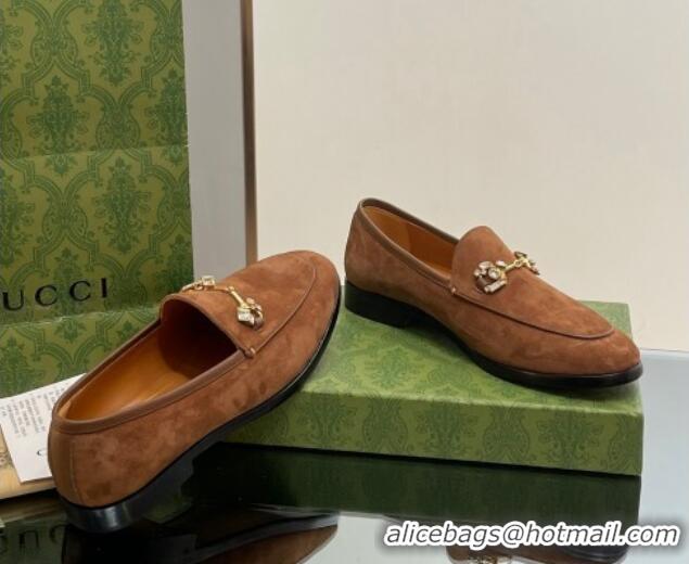 Good Quality Gucci Jordaan Suede Loafers with Crystals Dark Brown 012067