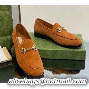 Most Popular Gucci Jordaan Suede Loafers with Crystals Brown 012068