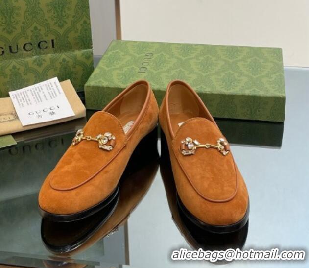 Most Popular Gucci Jordaan Suede Loafers with Crystals Brown 012068