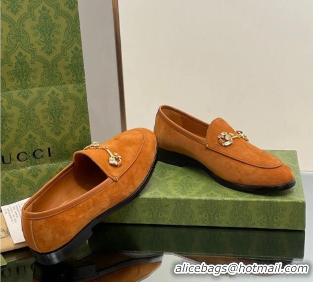 Most Popular Gucci Jordaan Suede Loafers with Crystals Brown 012068