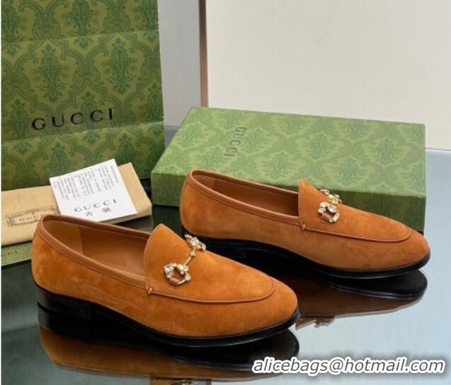 Most Popular Gucci Jordaan Suede Loafers with Crystals Brown 012068