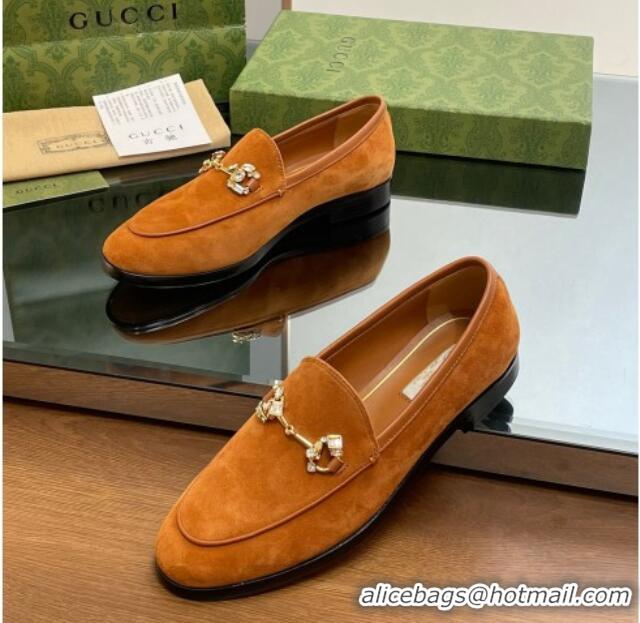 Most Popular Gucci Jordaan Suede Loafers with Crystals Brown 012068