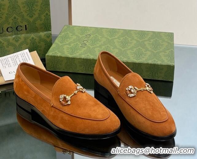 Most Popular Gucci Jordaan Suede Loafers with Crystals Brown 012068