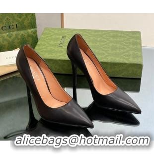 Classic Hot Gucci Leather Pointed High heel Pumps 10.5cm with GG Black 012069