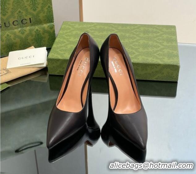 Classic Hot Gucci Leather Pointed High heel Pumps 10.5cm with GG Black 012069