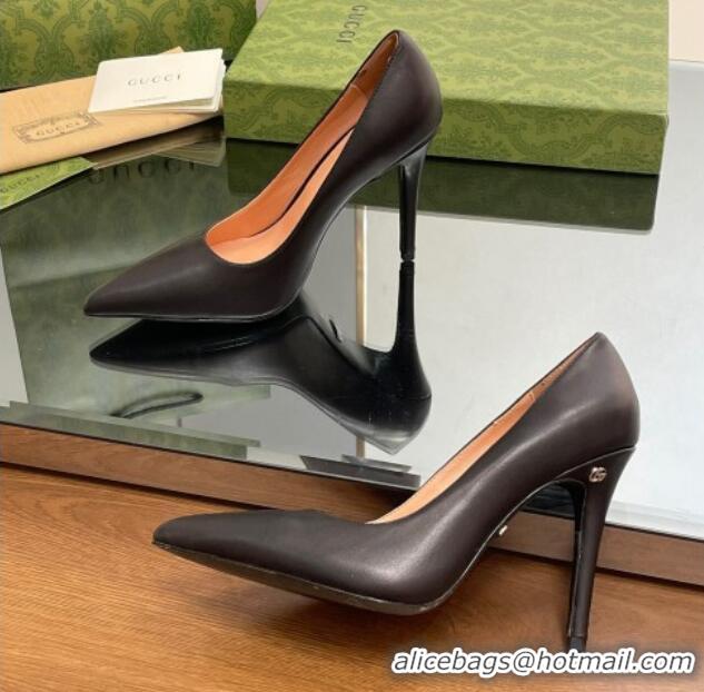 Classic Hot Gucci Leather Pointed High heel Pumps 10.5cm with GG Black 012069