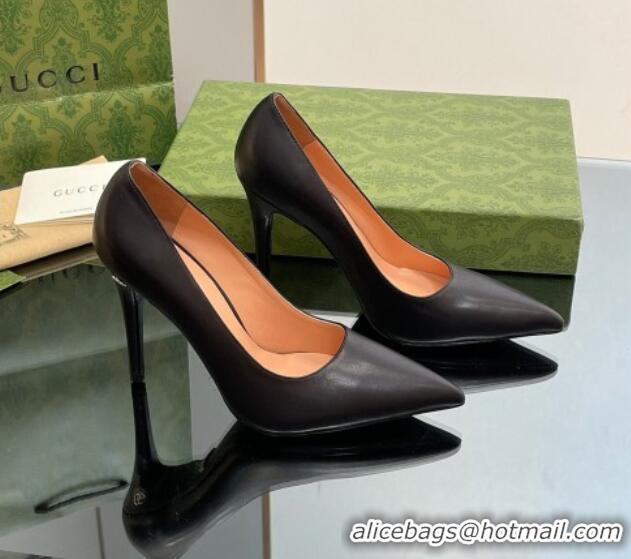 Classic Hot Gucci Leather Pointed High heel Pumps 10.5cm with GG Black 012069