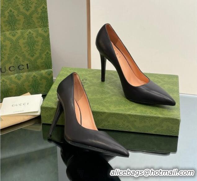 Classic Hot Gucci Leather Pointed High heel Pumps 10.5cm with GG Black 012069