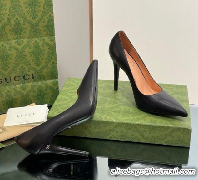 Classic Hot Gucci Leather Pointed High heel Pumps 10.5cm with GG Black 012069