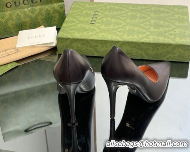 Classic Hot Gucci Leather Pointed High heel Pumps 10.5cm with GG Black 012069